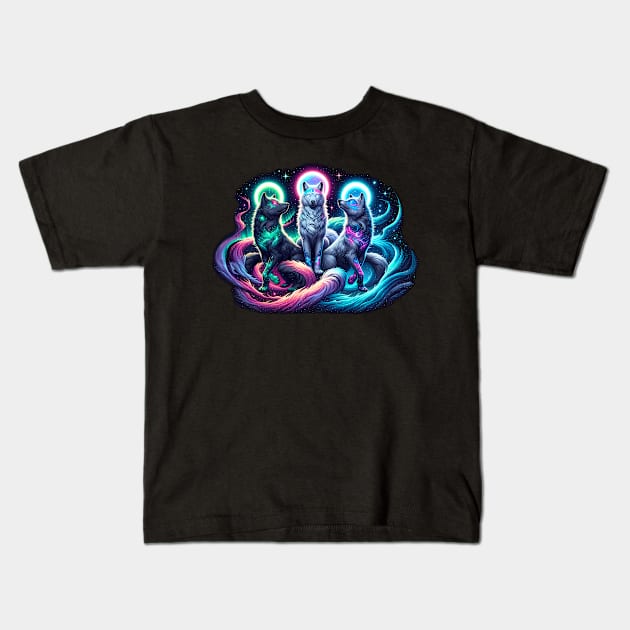 Three Cosmic Wolves Kids T-Shirt by tracydixon